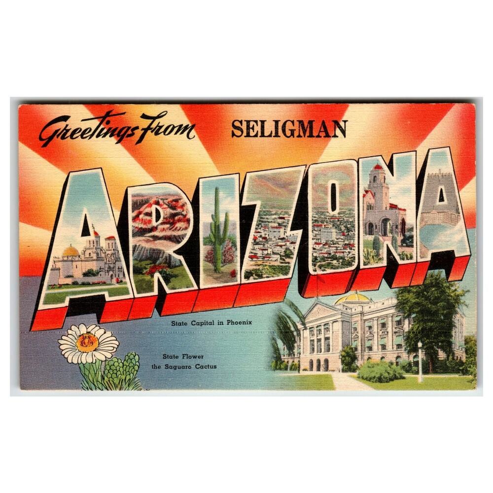 Greetings From Seligman Arizona Large Letter Linen Postcard 1940s Tichnor